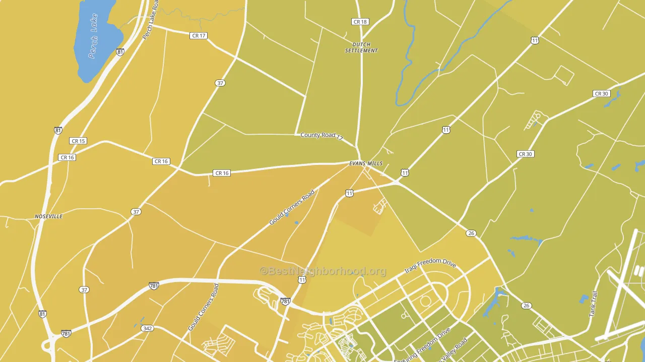 Map of the best neighborhoods in the Evans Mills area, with better matches in green and worse matches in red