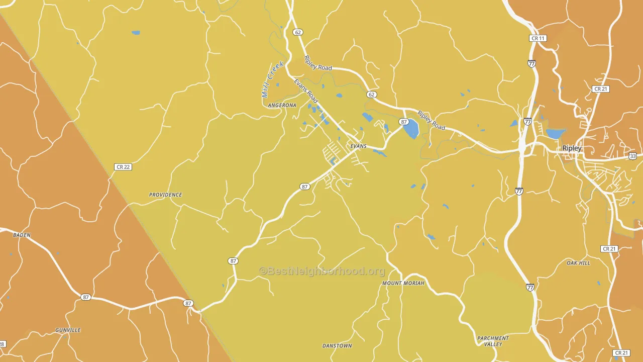 Map of the best neighborhoods in the Evans area, with better matches in green and worse matches in red