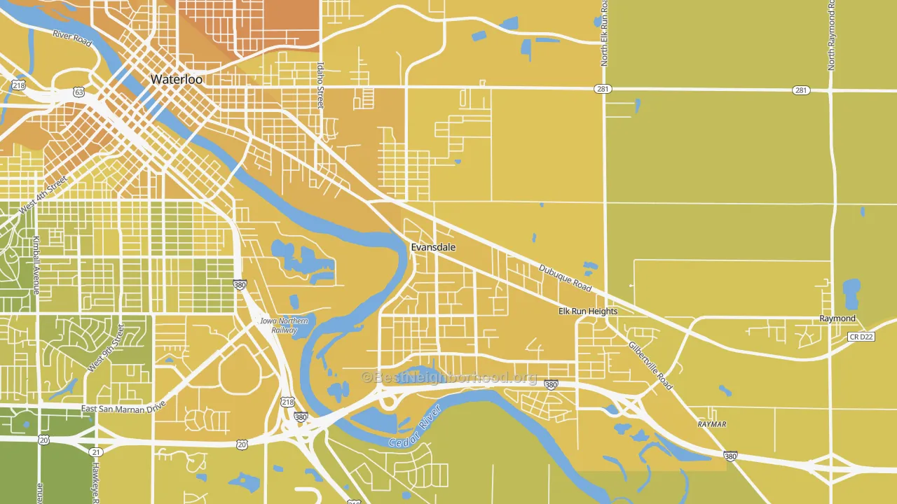 Map of the best neighborhoods in the Evansdale area, with better matches in green and worse matches in red