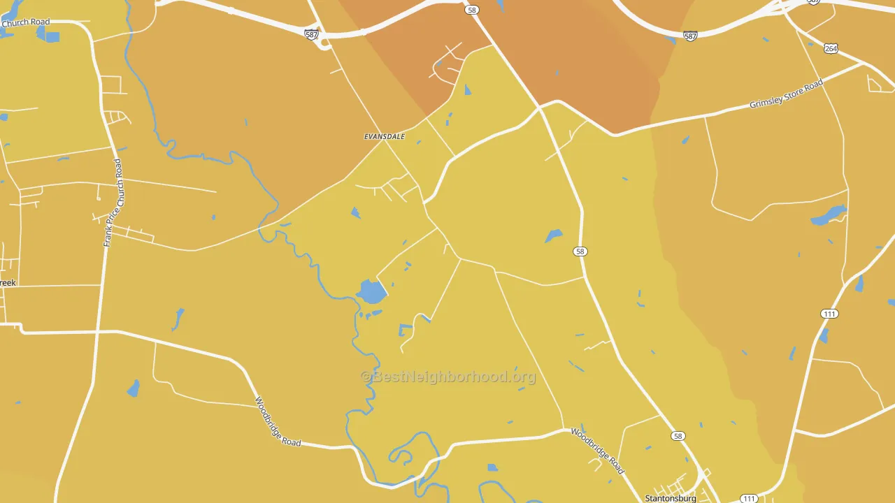 Map of the best neighborhoods in the Evansdale area, with better matches in green and worse matches in red
