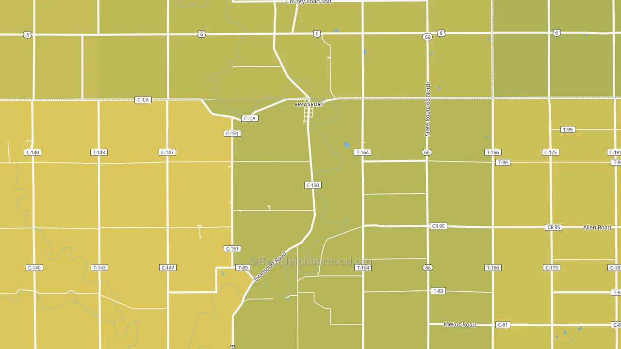 Map of the best neighborhoods in the Evansport area, with better matches in green and worse matches in red