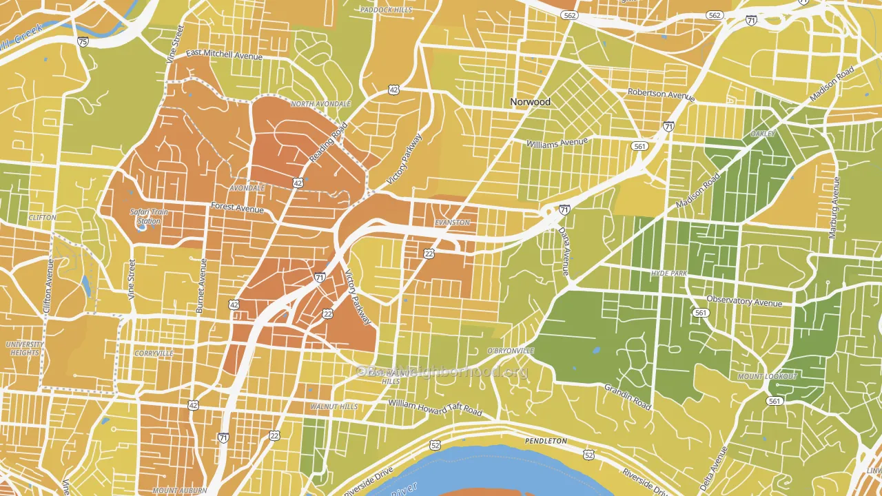 Map of the best neighborhoods in the Evanston, Cincinnati area, with better matches in green and worse matches in red