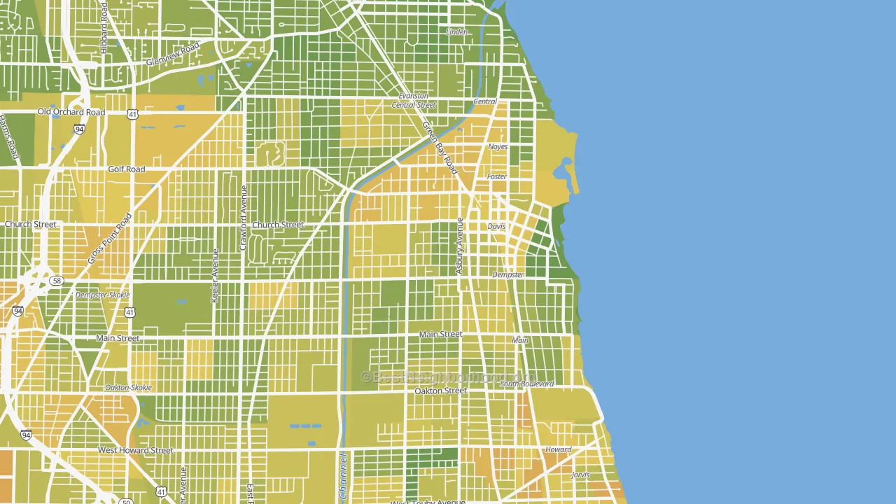 Map of the best neighborhoods in the Evanston area, with better matches in green and worse matches in red
