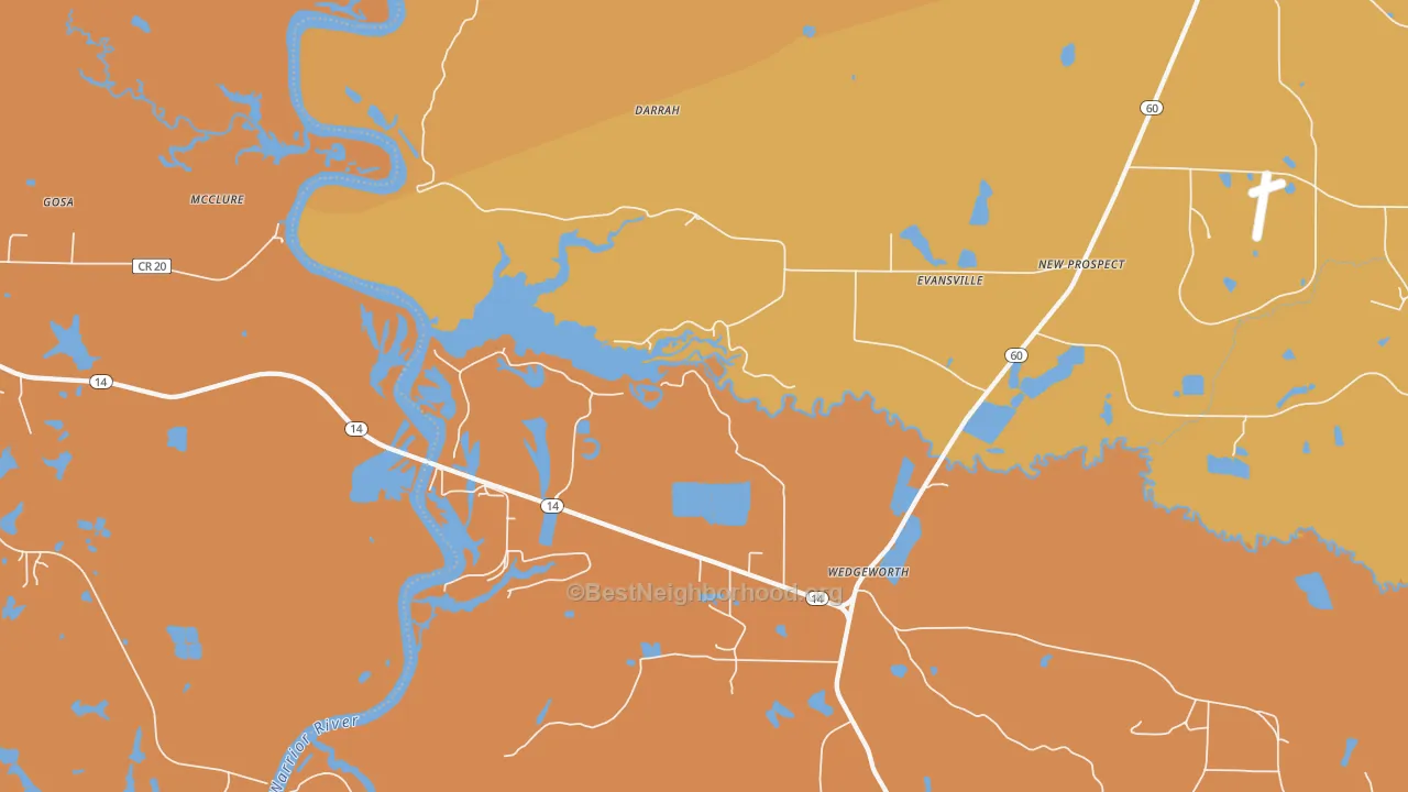 Map of the best neighborhoods in the Evansville area, with better matches in green and worse matches in red