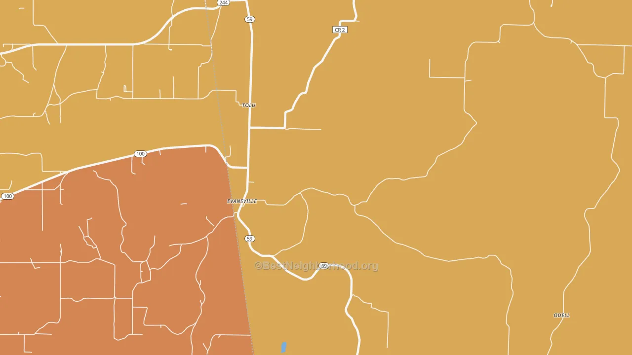 Map of the best neighborhoods in the Evansville area, with better matches in green and worse matches in red