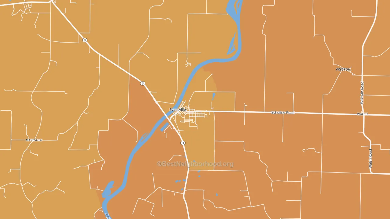 Map of the best neighborhoods in the Evansville area, with better matches in green and worse matches in red