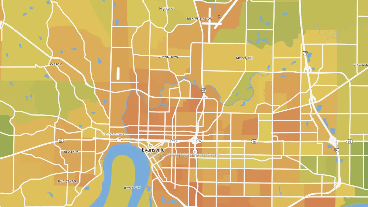 Map of the best neighborhoods in the Evansville Metro area, with better matches in green and worse matches in red