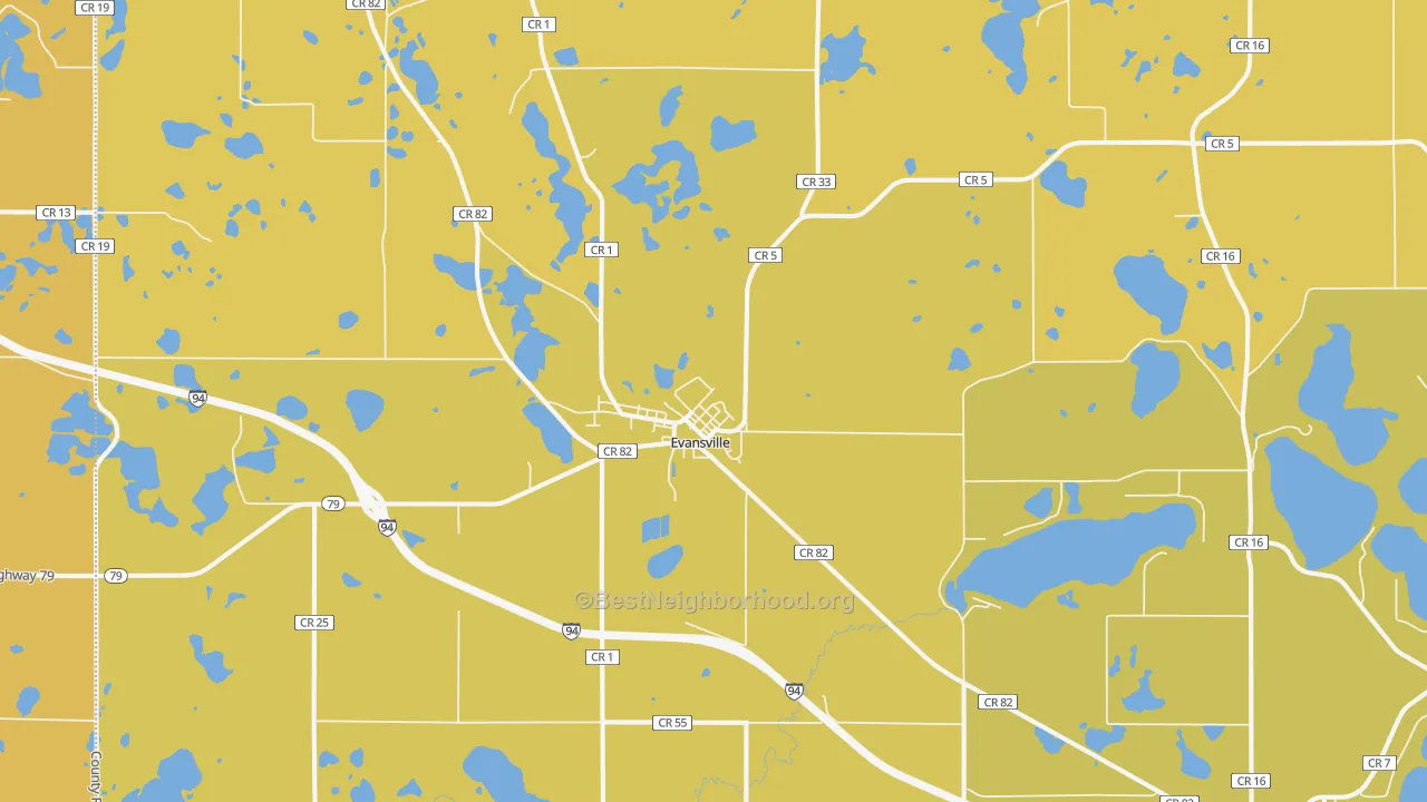 Map of the best neighborhoods in the Evansville area, with better matches in green and worse matches in red