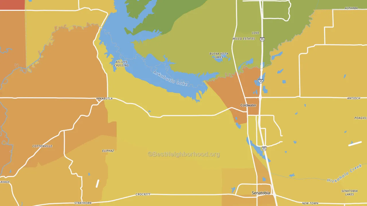 Map of the best neighborhoods in the Evansville area, with better matches in green and worse matches in red