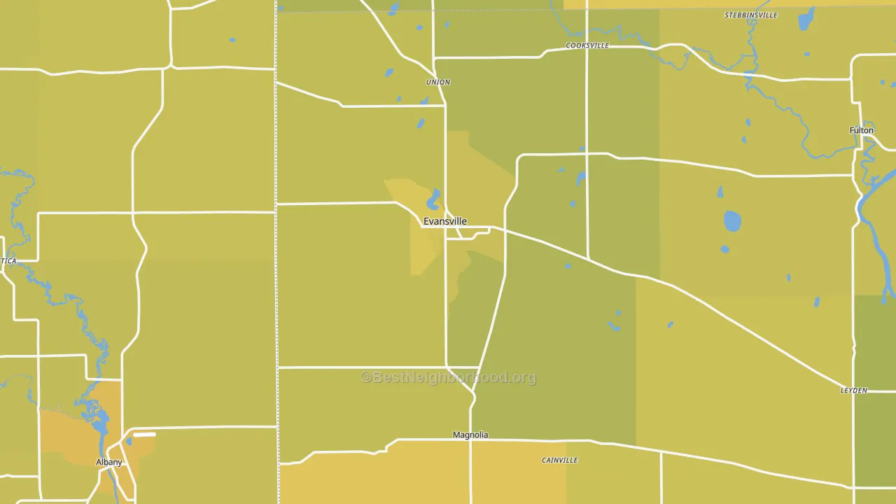 Map of the best neighborhoods in the Evansville area, with better matches in green and worse matches in red