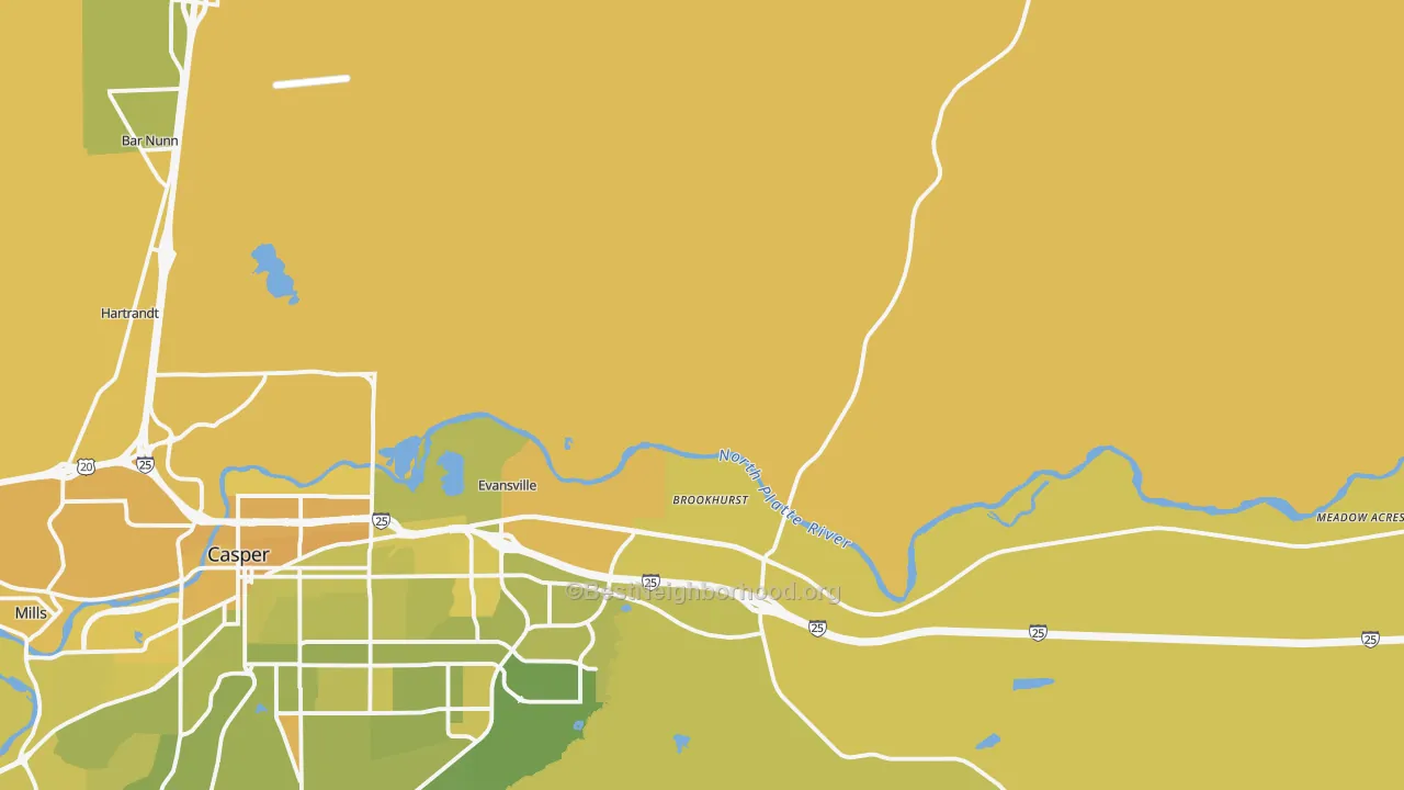 Map of the best neighborhoods in the Evansville area, with better matches in green and worse matches in red