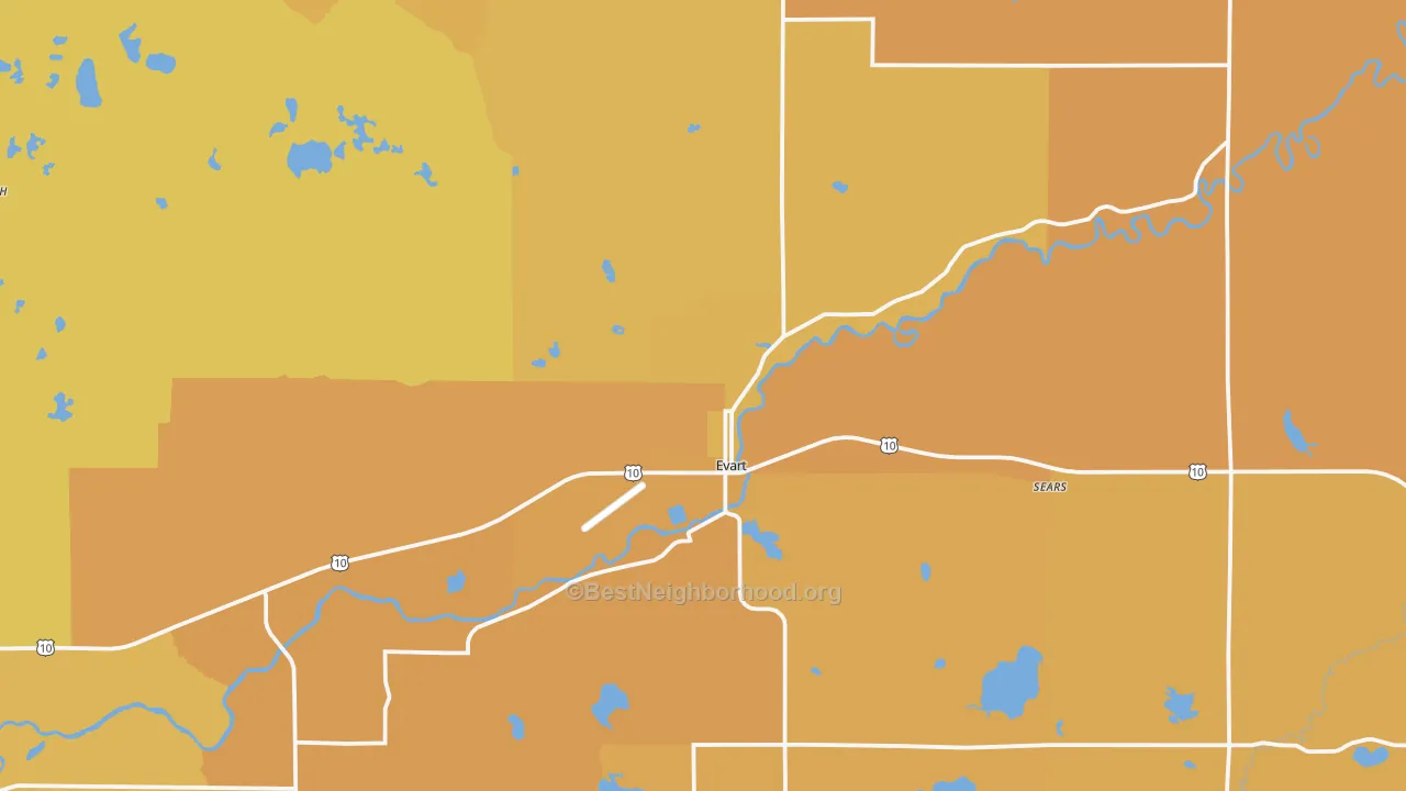 Map of the best neighborhoods in the Evart area, with better matches in green and worse matches in red