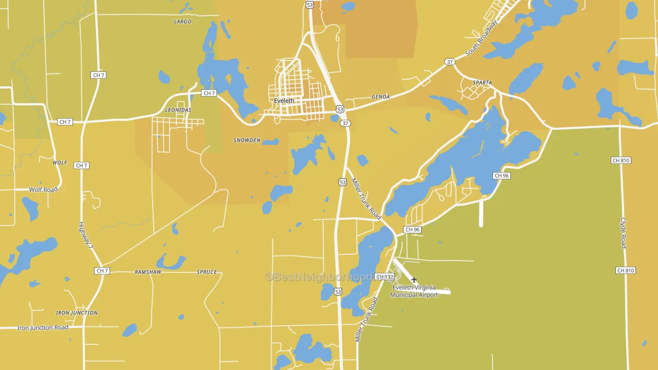 Map of the best neighborhoods in the Eveleth area, with better matches in green and worse matches in red