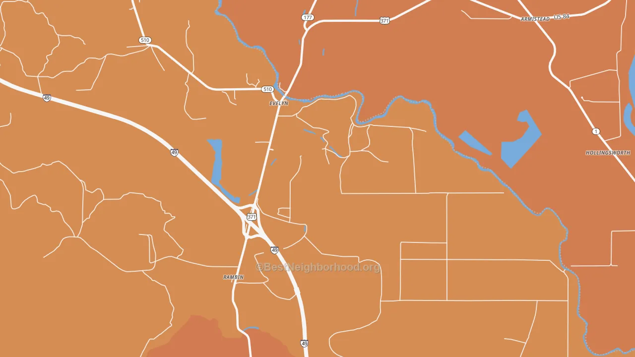 Map of the best neighborhoods in the Evelyn area, with better matches in green and worse matches in red