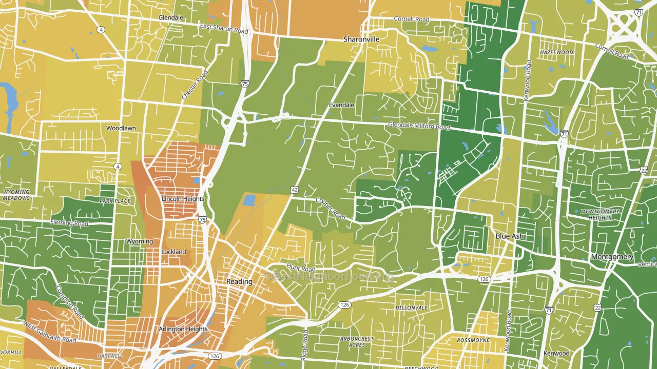 Map of the best neighborhoods in the Evendale area, with better matches in green and worse matches in red