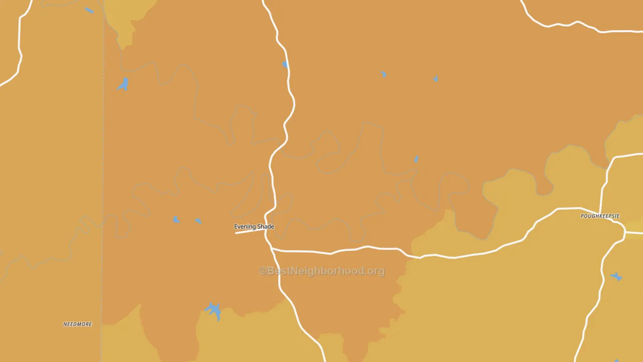 Map of the best neighborhoods in the Evening Shade area, with better matches in green and worse matches in red