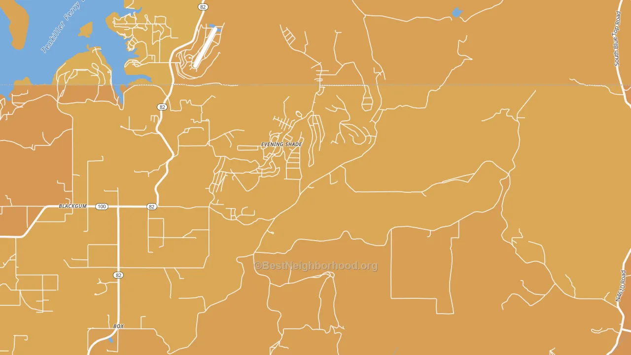 Map of the best neighborhoods in the Evening Shade area, with better matches in green and worse matches in red