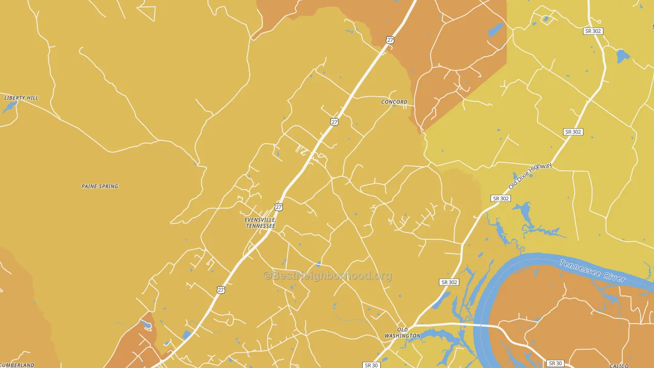 Map of the best neighborhoods in the Evensville area, with better matches in green and worse matches in red