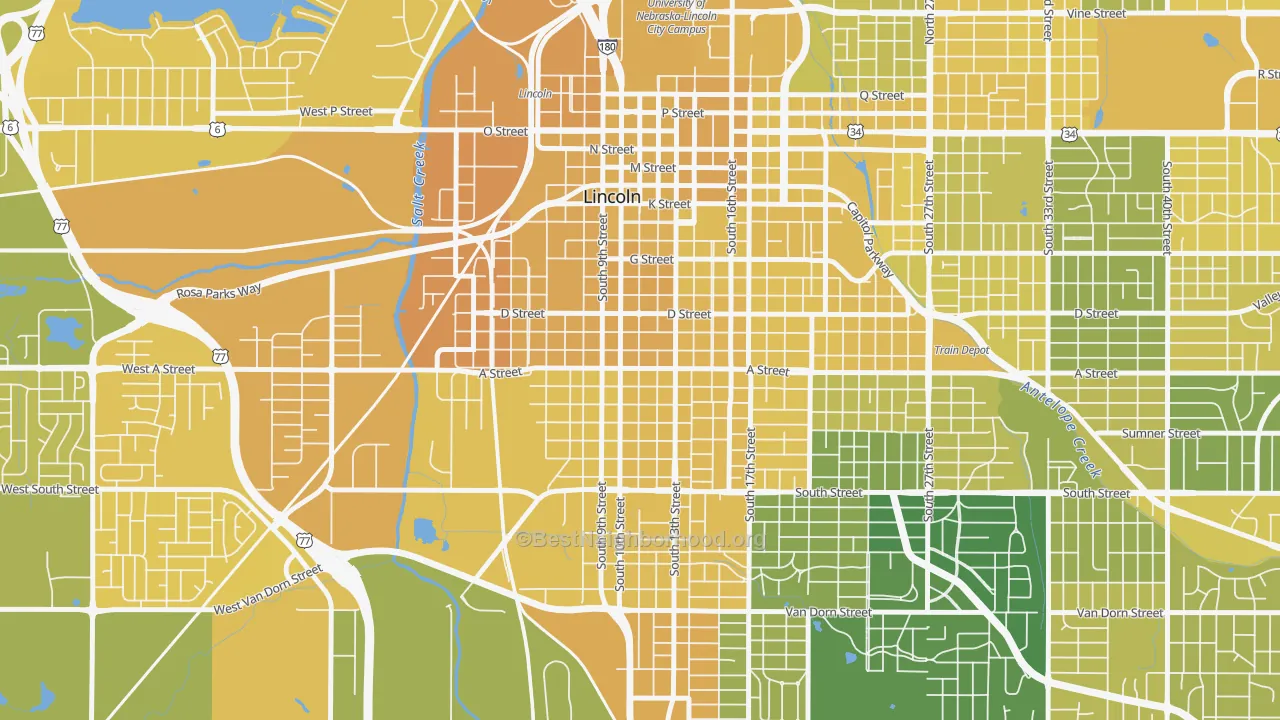 Map of the best neighborhoods in the Everett, Lincoln area, with better matches in green and worse matches in red