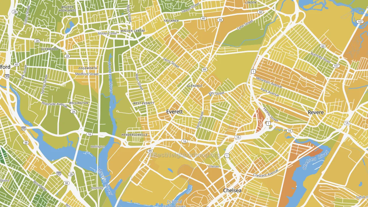 Map of the best neighborhoods in the Everett area, with better matches in green and worse matches in red