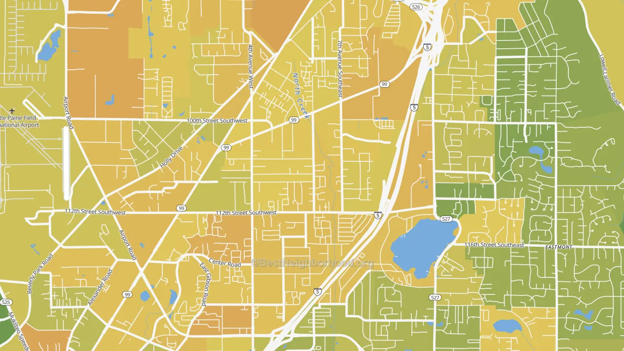 Map of the best neighborhoods in the Everett Mall South, Everett area, with better matches in green and worse matches in red