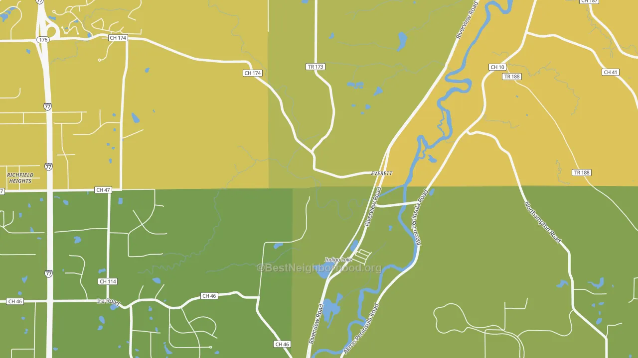 Map of the best neighborhoods in the Everett area, with better matches in green and worse matches in red