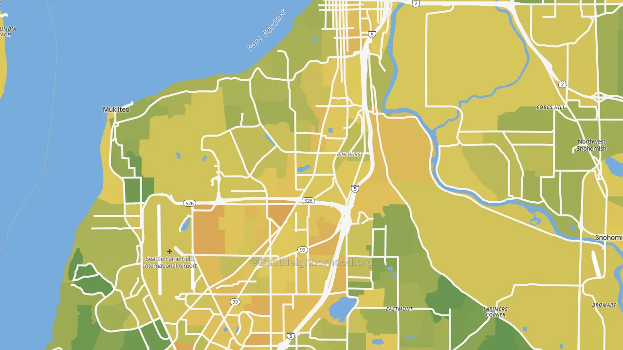 Map of the best neighborhoods in the Everett area, with better matches in green and worse matches in red