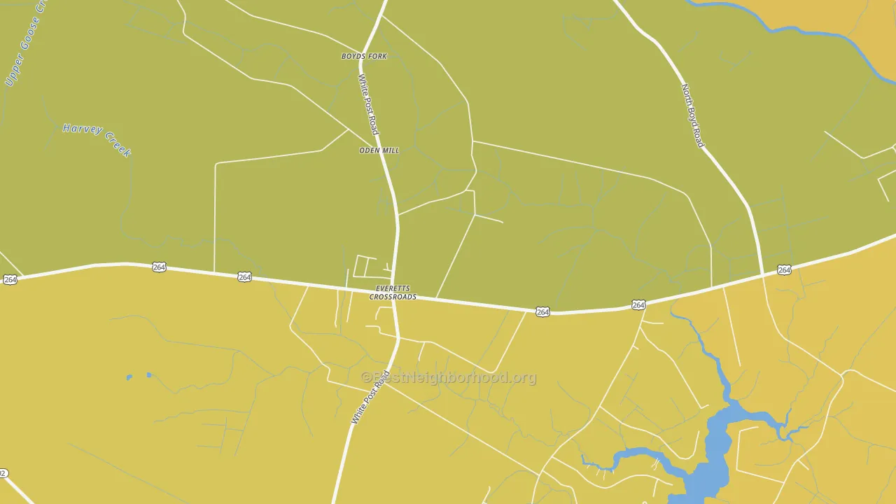 Map of the best neighborhoods in the Everetts Crossroads area, with better matches in green and worse matches in red