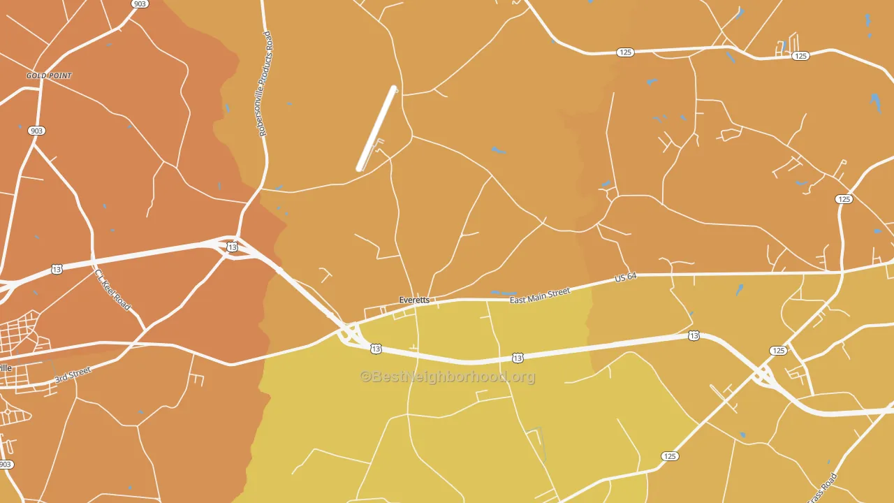 Map of the best neighborhoods in the Everetts area, with better matches in green and worse matches in red