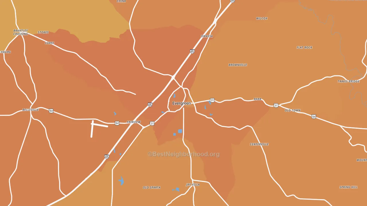 Map of the best neighborhoods in the Evergreen area, with better matches in green and worse matches in red