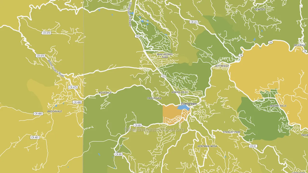 Map of the best neighborhoods in the Evergreen area, with better matches in green and worse matches in red