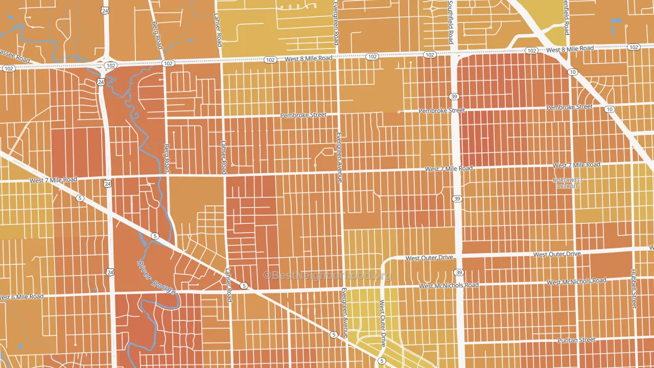 Map of the best neighborhoods in the Evergreen, Detroit area, with better matches in green and worse matches in red