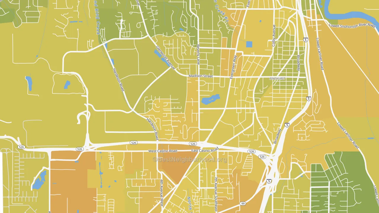 Map of the best neighborhoods in the Evergreen, Everett area, with better matches in green and worse matches in red