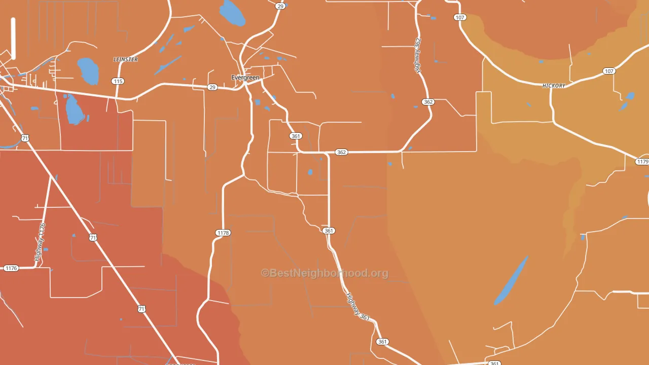 Map of the best neighborhoods in the Evergreen area, with better matches in green and worse matches in red