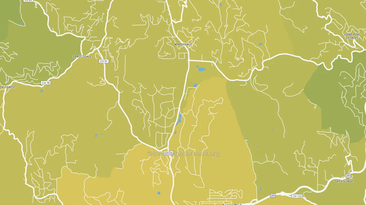 Map of the best neighborhoods in the Evergreen Meadows, Evergreen area, with better matches in green and worse matches in red