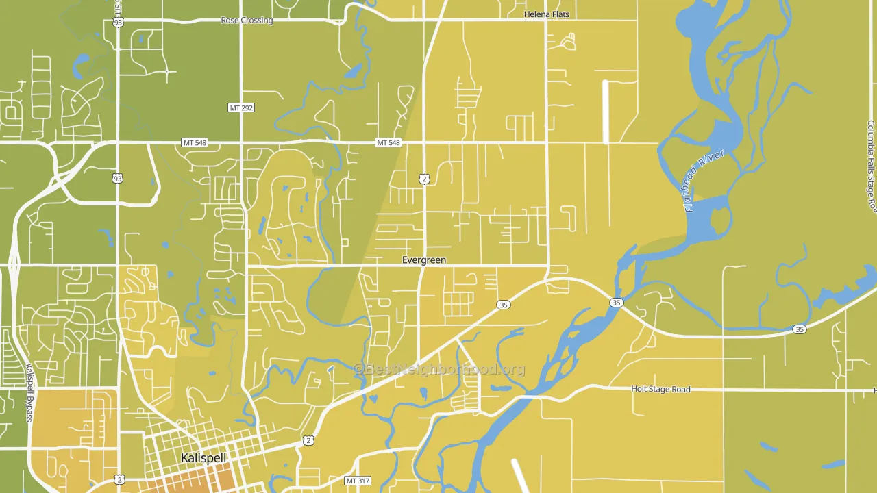 Map of the best neighborhoods in the Evergreen area, with better matches in green and worse matches in red