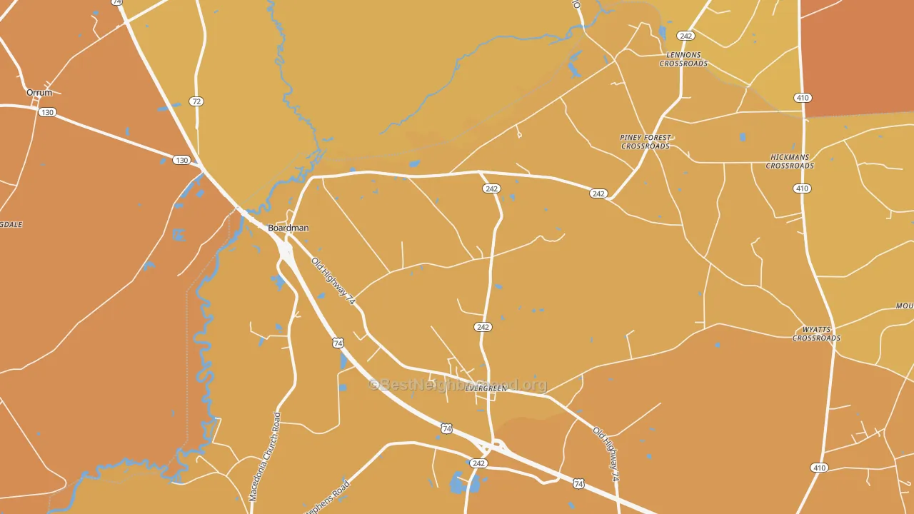 Map of the best neighborhoods in the Evergreen area, with better matches in green and worse matches in red