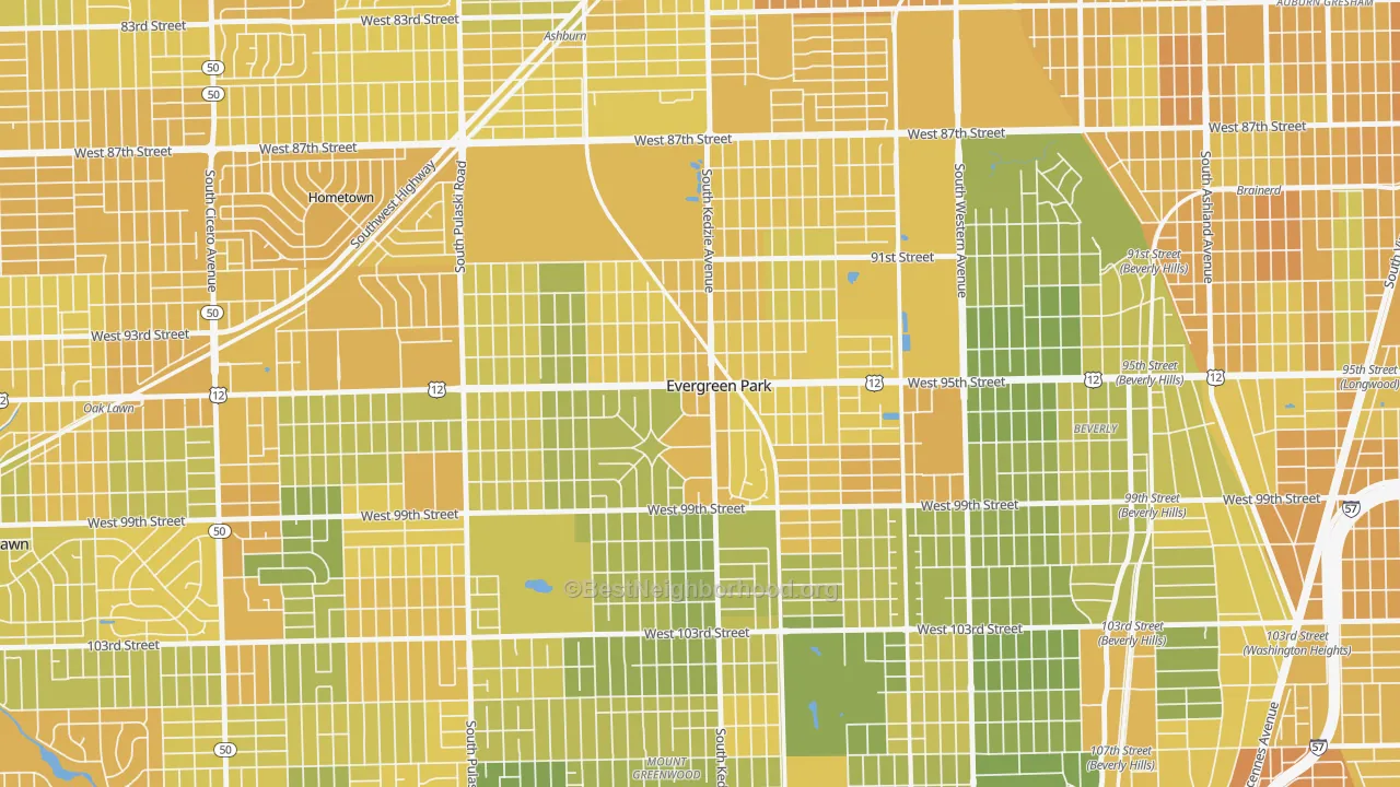 Map of the best neighborhoods in the Evergreen Park area, with better matches in green and worse matches in red