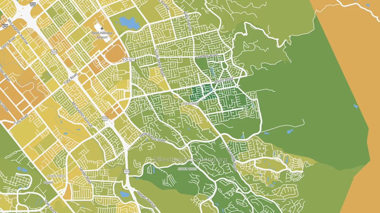 Map of the best neighborhoods in the Evergreen, San Jose area, with better matches in green and worse matches in red