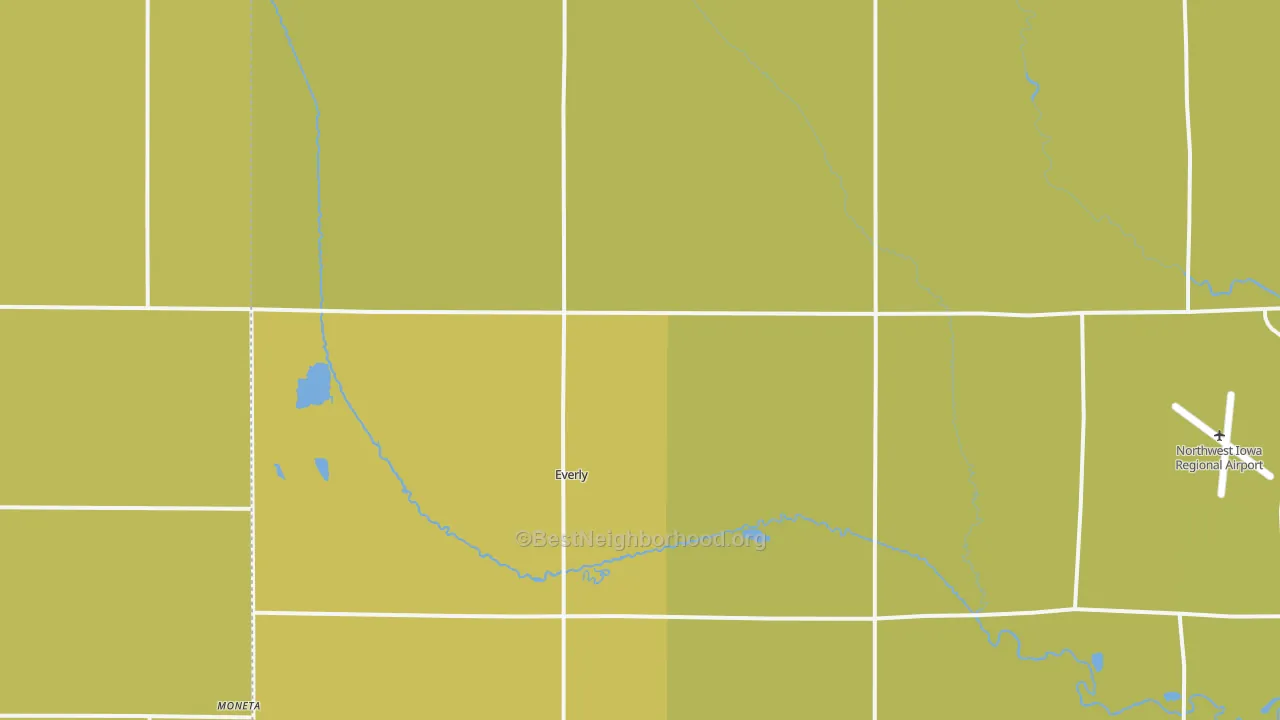 Map of the best neighborhoods in the Everly area, with better matches in green and worse matches in red