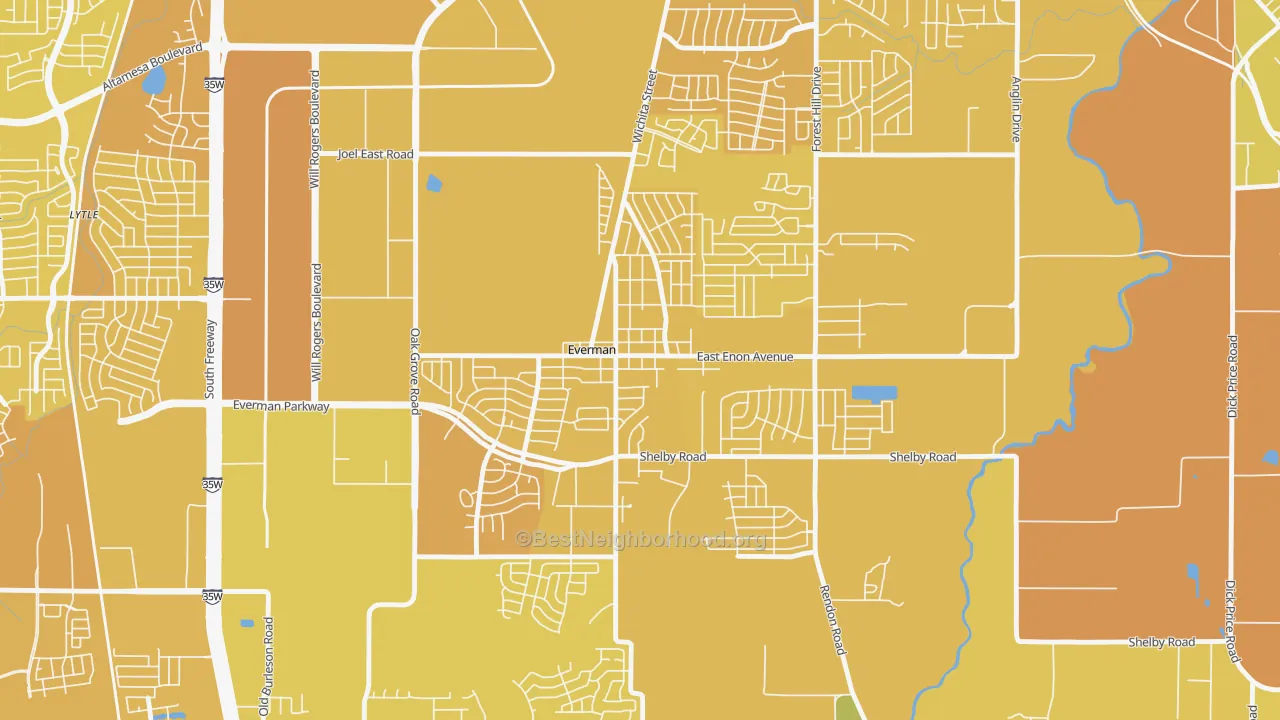 Map of the best neighborhoods in the Everman area, with better matches in green and worse matches in red