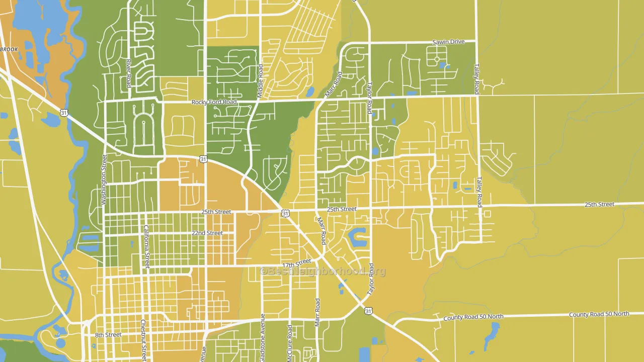 Map of the best neighborhoods in the Everroad Park, Columbus area, with better matches in green and worse matches in red
