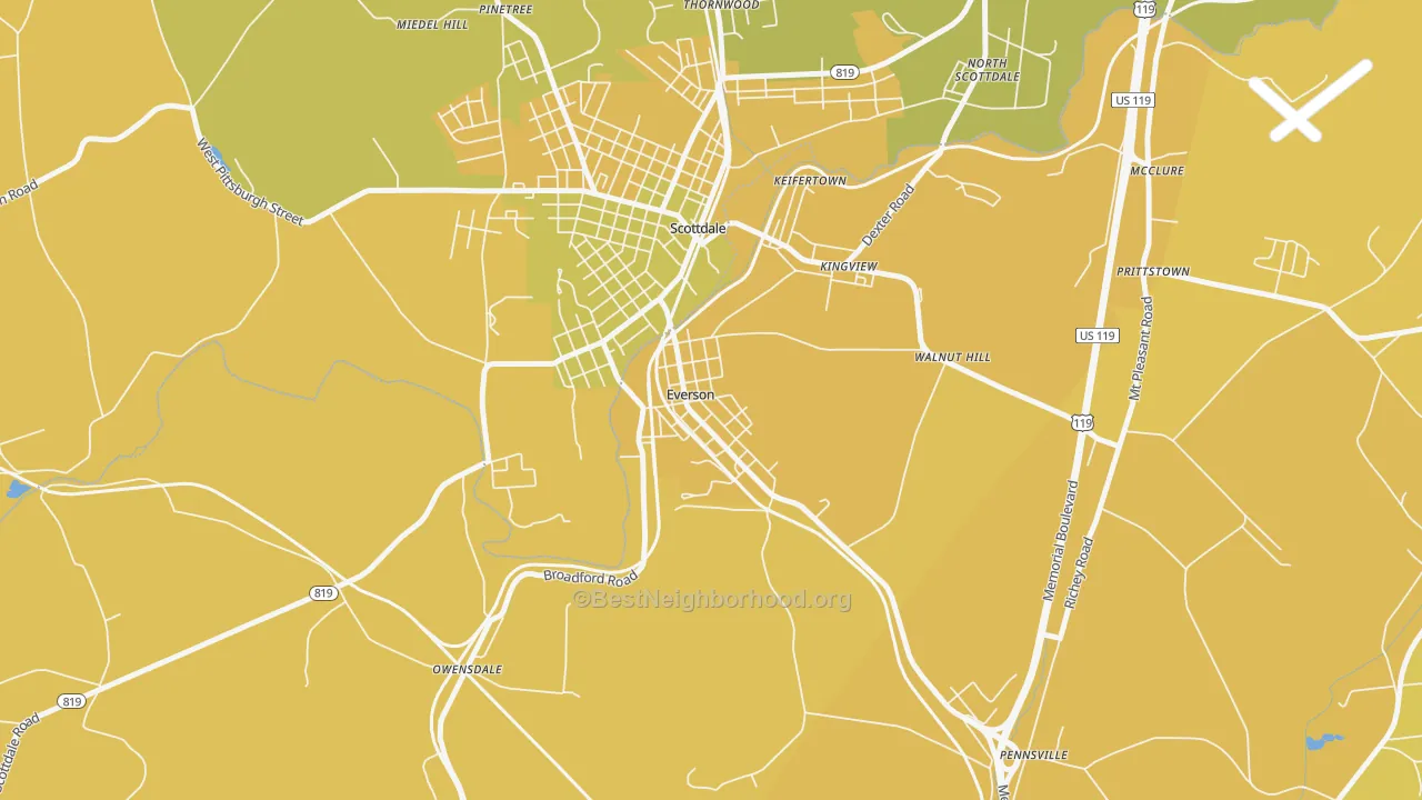 Map of the best neighborhoods in the Everson area, with better matches in green and worse matches in red