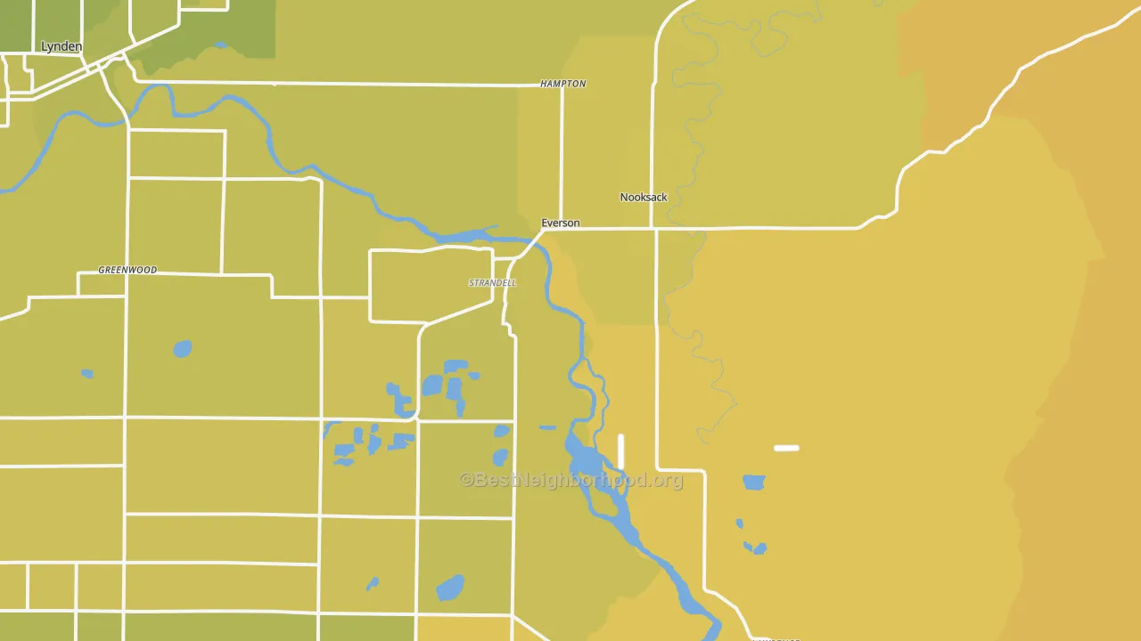 Map of the best neighborhoods in the Everson area, with better matches in green and worse matches in red