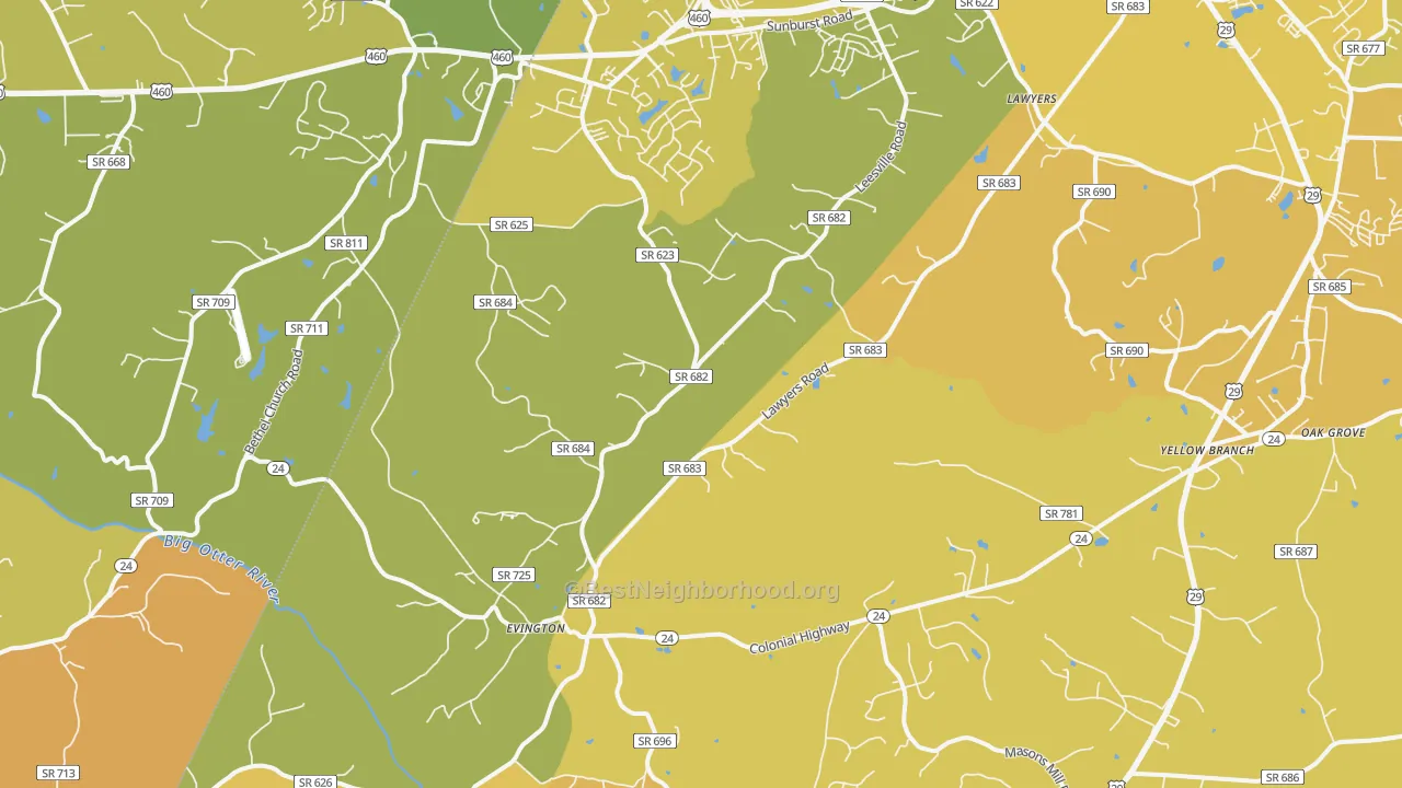 Map of the best neighborhoods in the Evington area, with better matches in green and worse matches in red