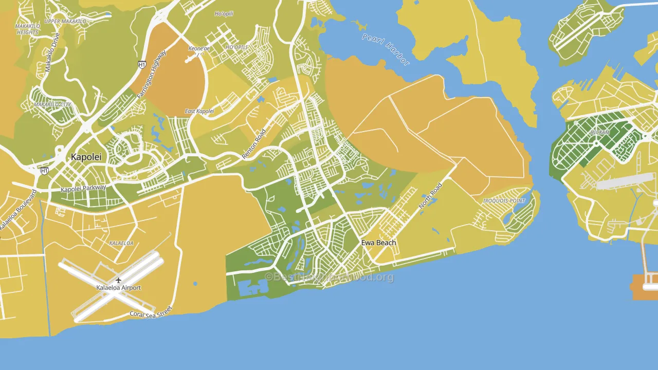 Map of the best neighborhoods in the Ewa Beach area, with better matches in green and worse matches in red