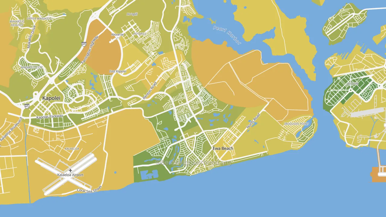 Map of the best neighborhoods in the Ewa, Ewa Beach area, with better matches in green and worse matches in red