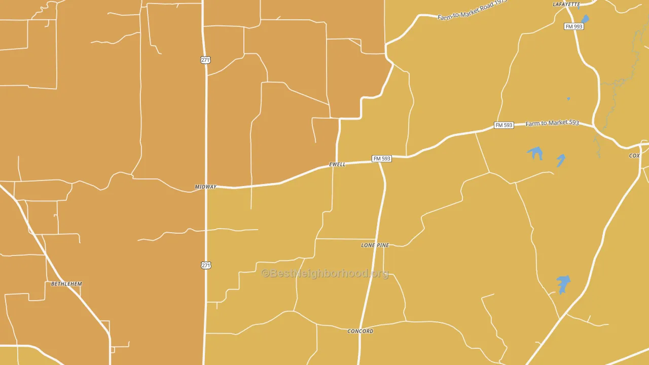 Map of the best neighborhoods in the Ewell area, with better matches in green and worse matches in red