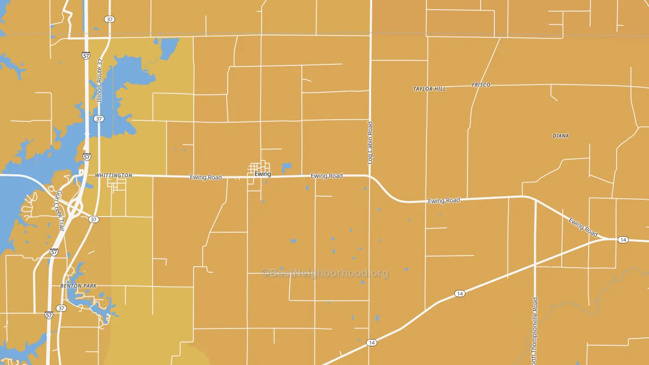 Map of the best neighborhoods in the Ewing area, with better matches in green and worse matches in red