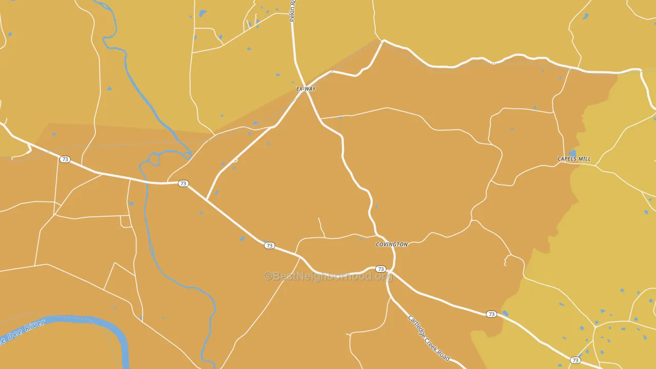 Map of the best neighborhoods in the Ex-Way area, with better matches in green and worse matches in red